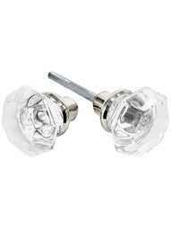 Pair of Octagonal Glass Door Knobs With Solid Brass Shank